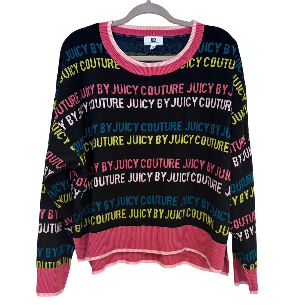 Juicy By Juicy Couture Sweater Womens XXL Black Logo Intarsia Knit Crewneck